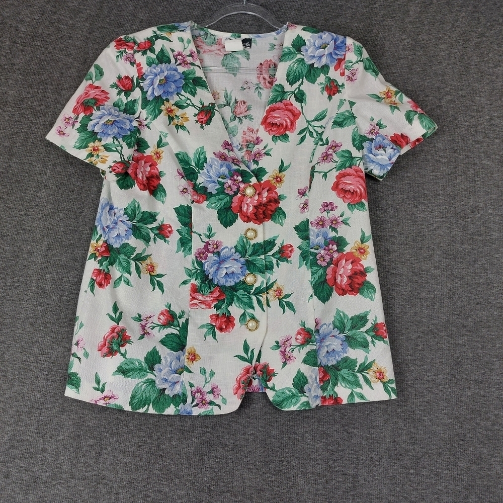 SUNSHINE STARSHINE WOMEN VTG 80S WHITE FLORAL COTTAGECORE BUTTON FRONT TOP SZ 14